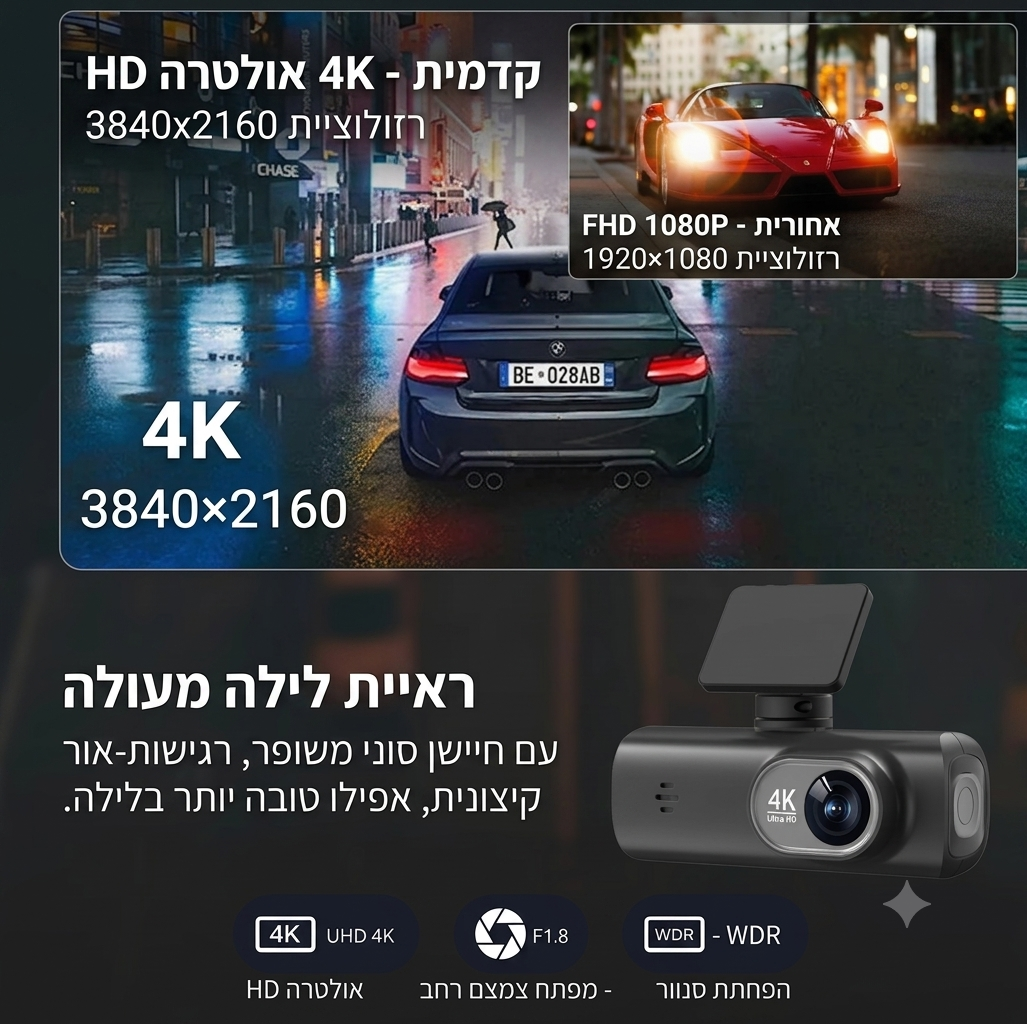 מצלמת דרך לרכב 4K עם WiFi | עדשה כפולה + GPS | ניטור חניה 24 שעות | הגנה משפטית