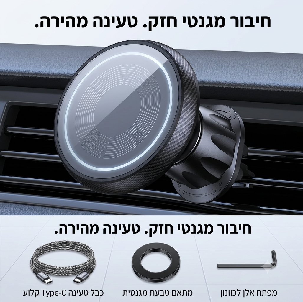 מעמד טלפון מגנטי לרכב MagSafe | מגנט חזק במיוחד | הפעלה ביד אחת