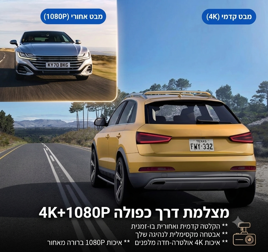 מצלמת דרך לרכב 4K עם WiFi | עדשה כפולה + GPS | ניטור חניה 24 שעות | הגנה משפטית