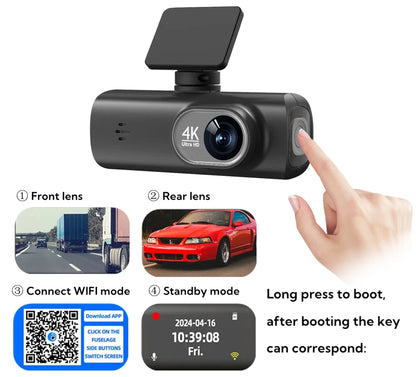 מצלמת דרך לרכב 4K עם WiFi | עדשה כפולה + GPS | ניטור חניה 24 שעות | הגנה משפטית
