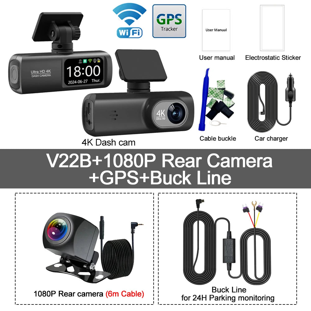 מצלמת דרך לרכב 4K עם WiFi | עדשה כפולה + GPS | ניטור חניה 24 שעות | הגנה משפטית
