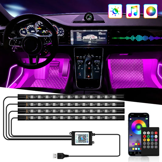 תאורת LED פנימית לרכב RGB | שלט + שליטה באפליקציה + סנכרון למוזיקה | 4 רצועות