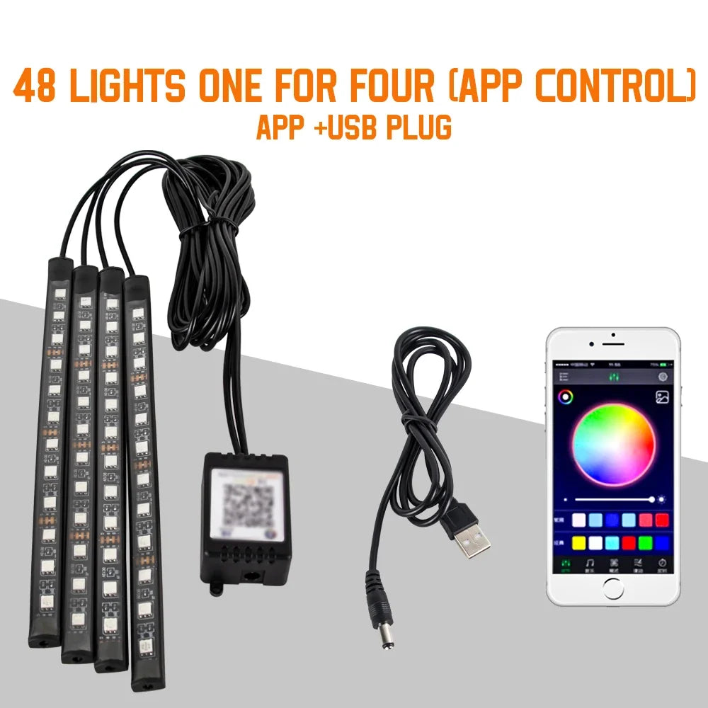 תאורת LED פנימית לרכב RGB | שלט + שליטה באפליקציה + סנכרון למוזיקה | 4 רצועות