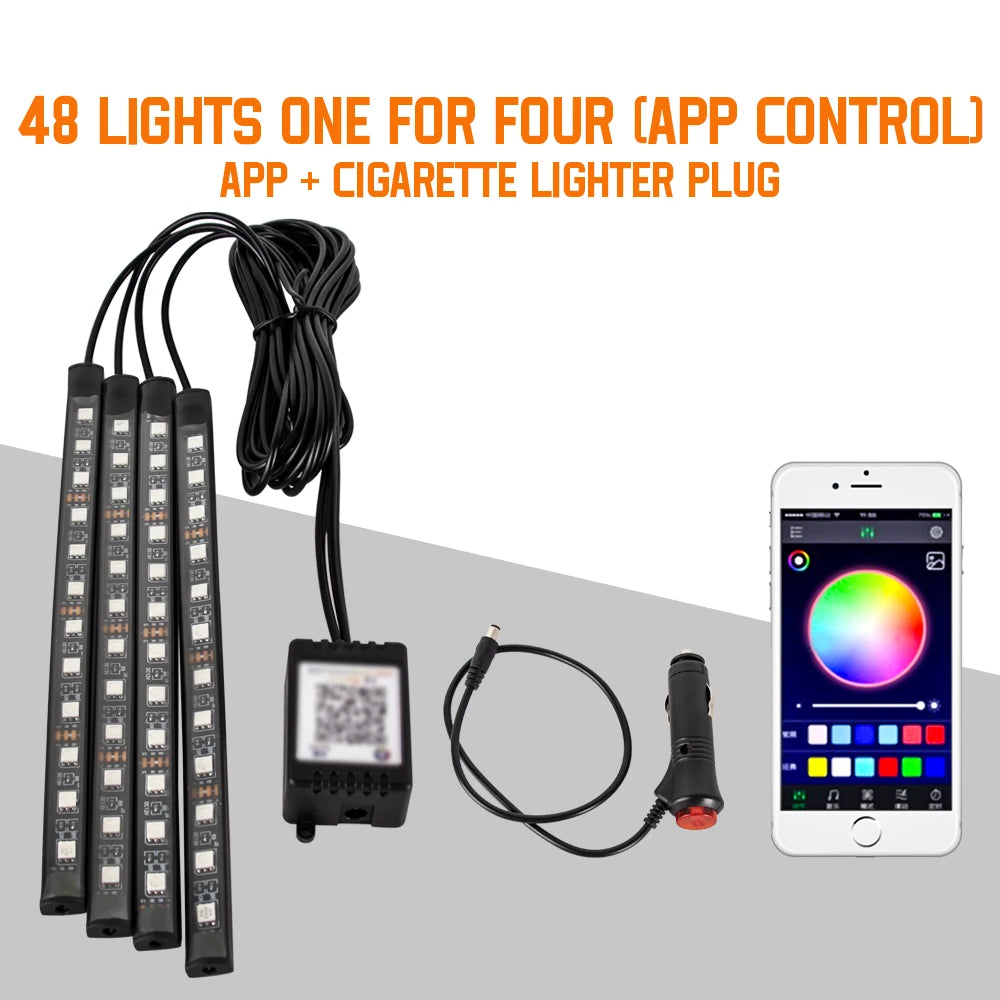 תאורת LED פנימית לרכב RGB | שלט + שליטה באפליקציה + סנכרון למוזיקה | 4 רצועות
