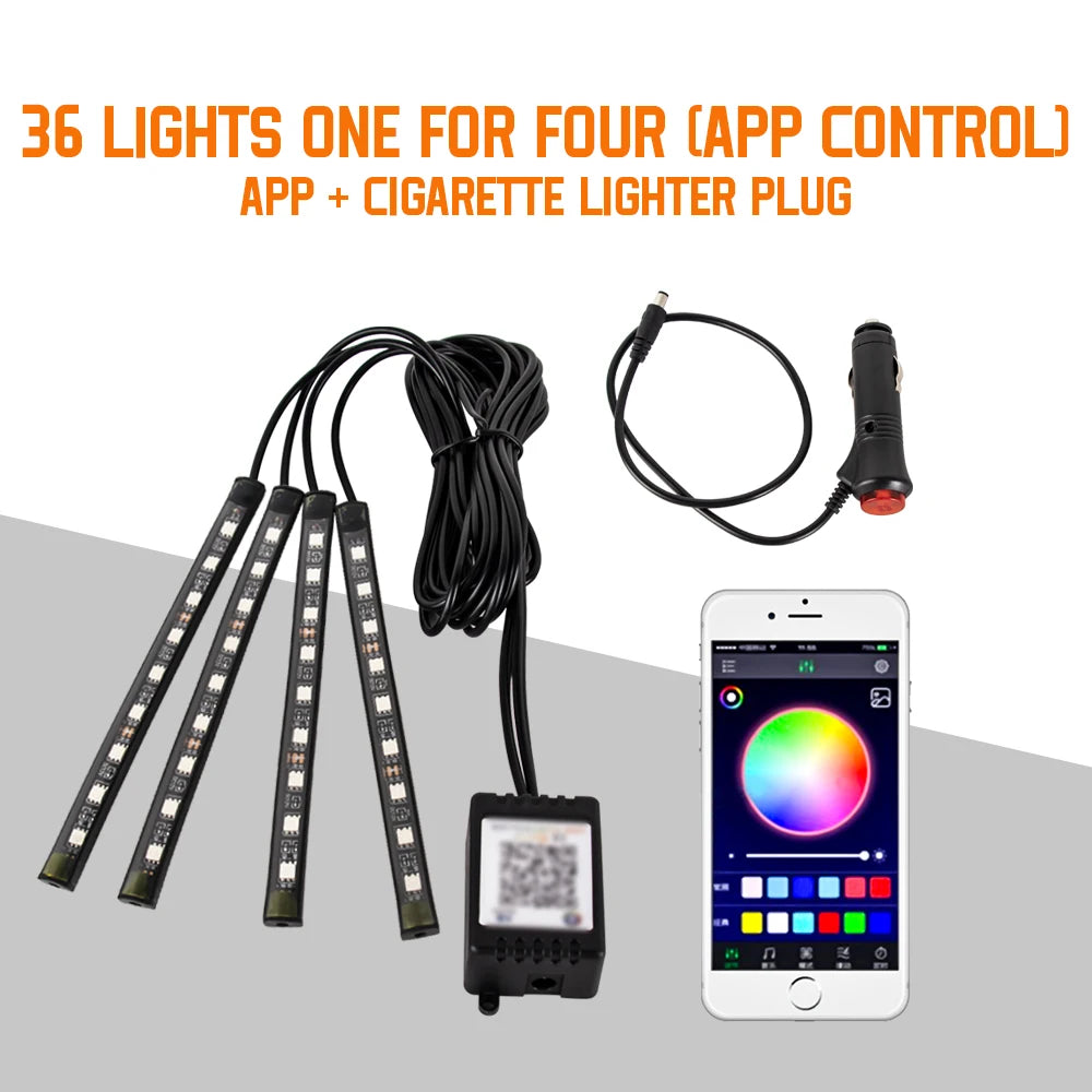תאורת LED פנימית לרכב RGB | שלט + שליטה באפליקציה + סנכרון למוזיקה | 4 רצועות