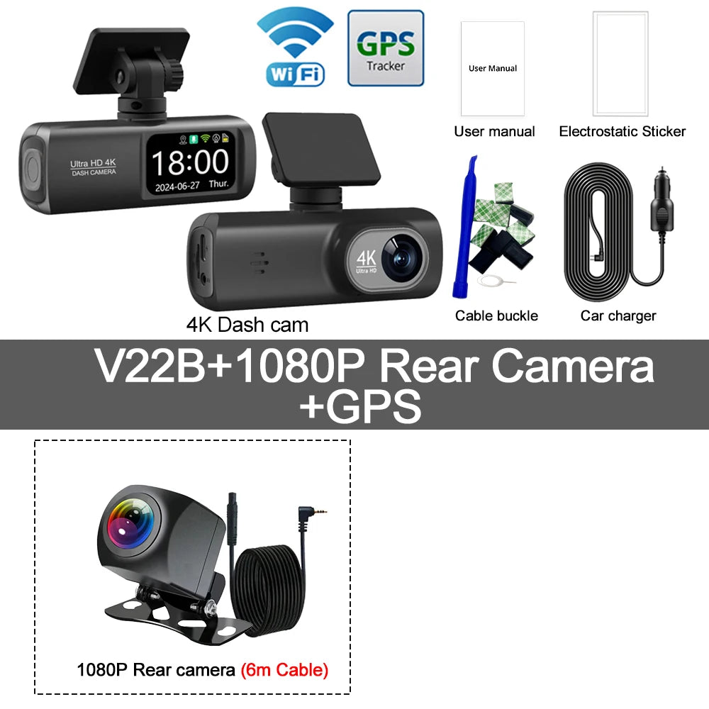 מצלמת דרך לרכב 4K עם WiFi | עדשה כפולה + GPS | ניטור חניה 24 שעות | הגנה משפטית