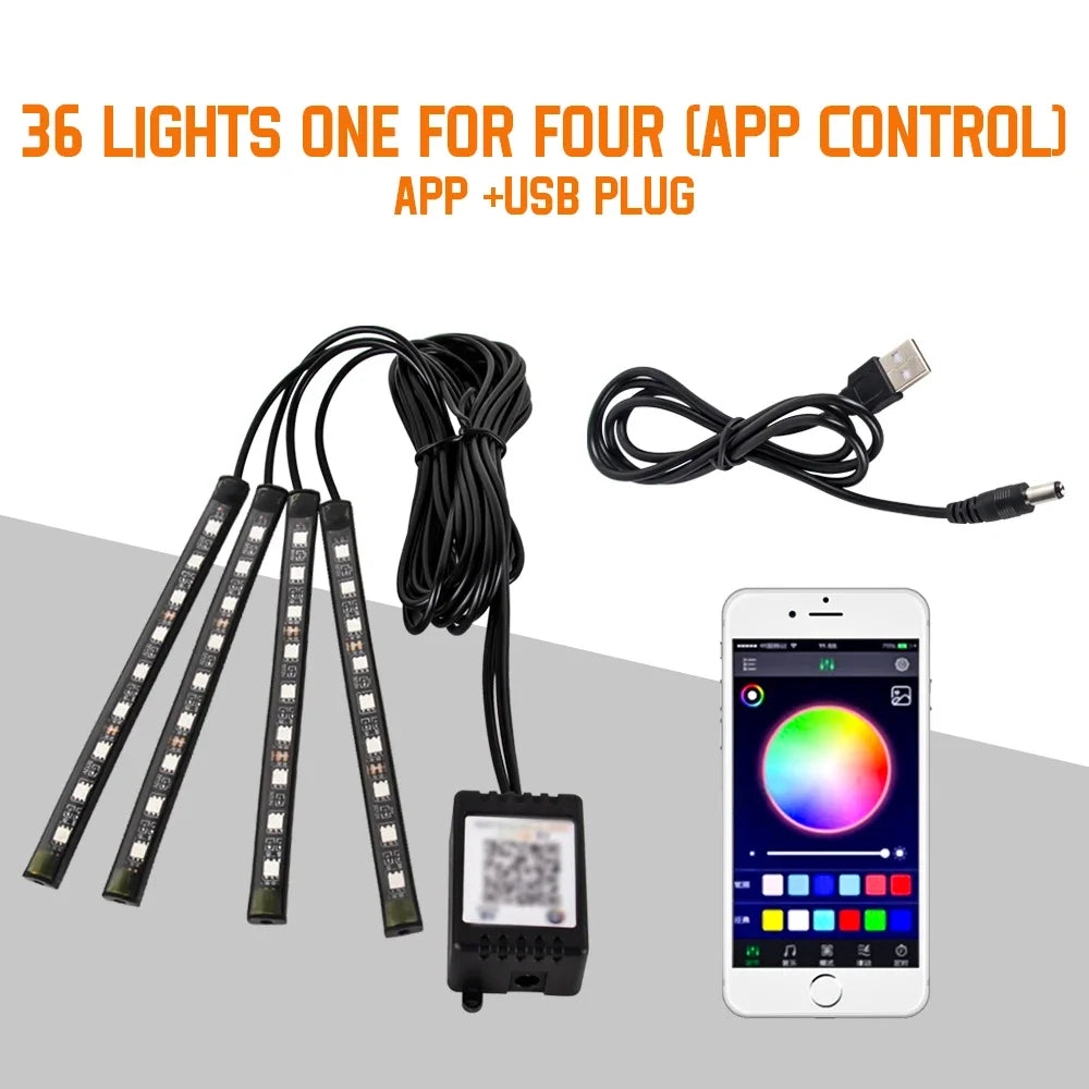תאורת LED פנימית לרכב RGB | שלט + שליטה באפליקציה + סנכרון למוזיקה | 4 רצועות