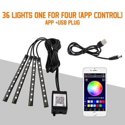 תאורת LED פנימית לרכב RGB | שלט + שליטה באפליקציה + סנכרון למוזיקה | 4 רצועות