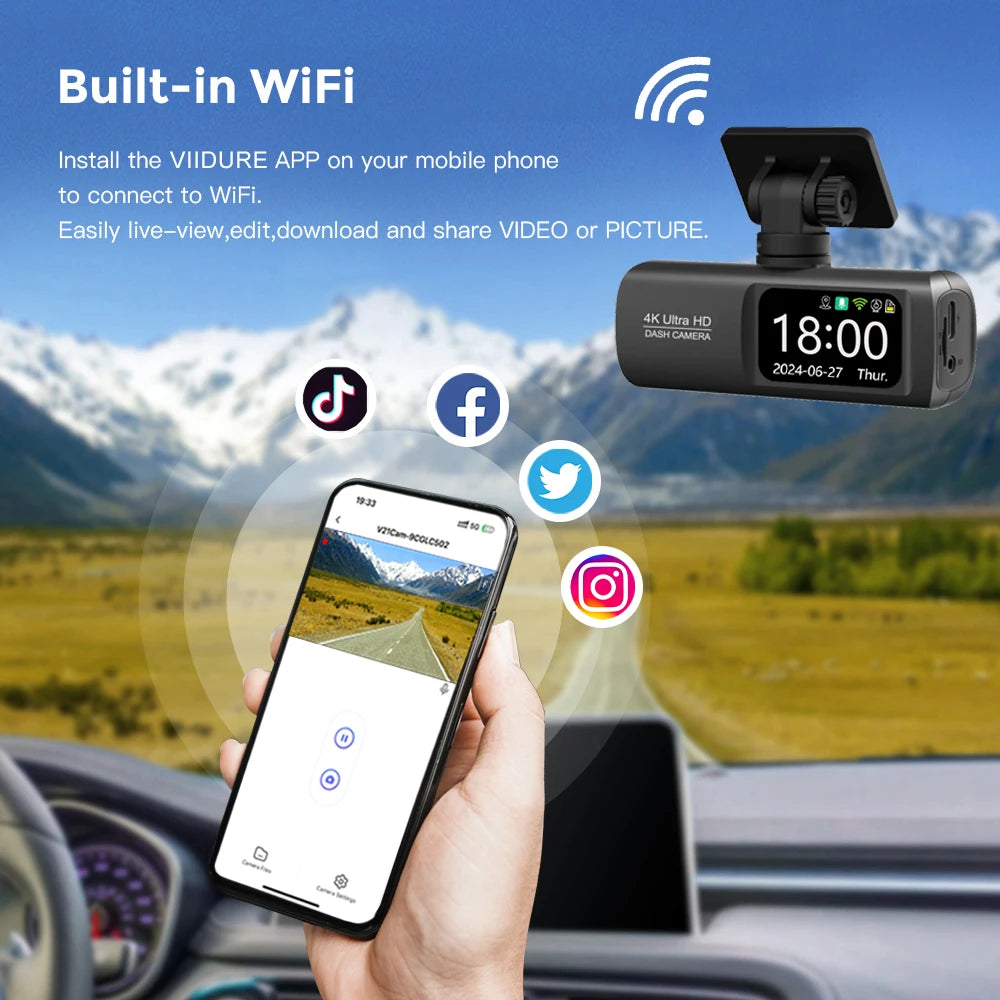 מצלמת דרך לרכב 4K עם WiFi | עדשה כפולה + GPS | ניטור חניה 24 שעות | הגנה משפטית