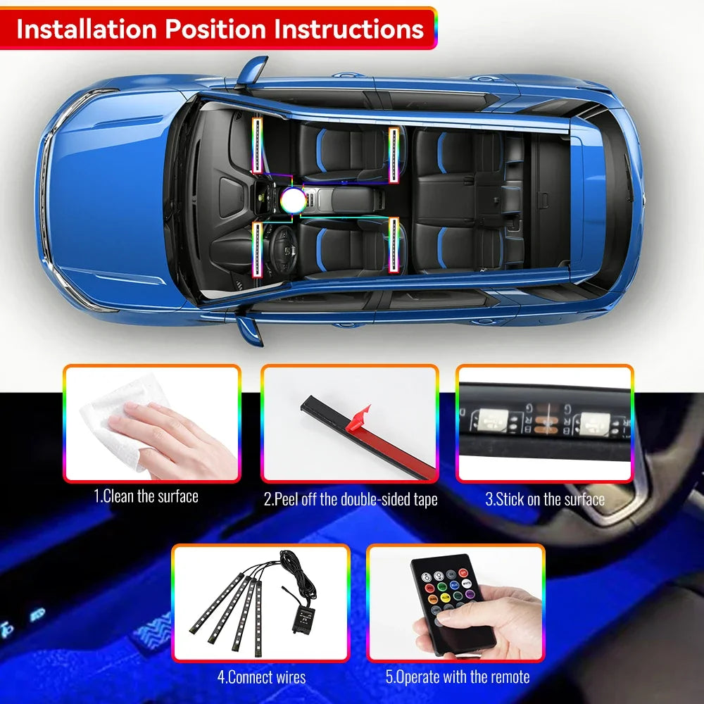 תאורת LED פנימית לרכב RGB | שלט + שליטה באפליקציה + סנכרון למוזיקה | 4 רצועות