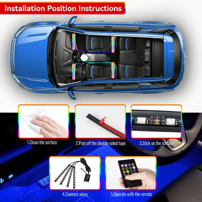 תאורת LED פנימית לרכב RGB | שלט + שליטה באפליקציה + סנכרון למוזיקה | 4 רצועות