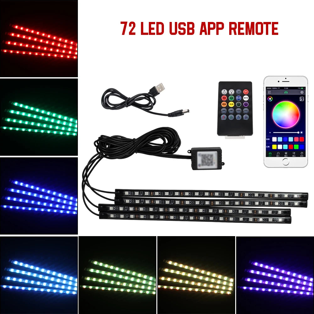 תאורת LED פנימית לרכב RGB | שלט + שליטה באפליקציה + סנכרון למוזיקה | 4 רצועות